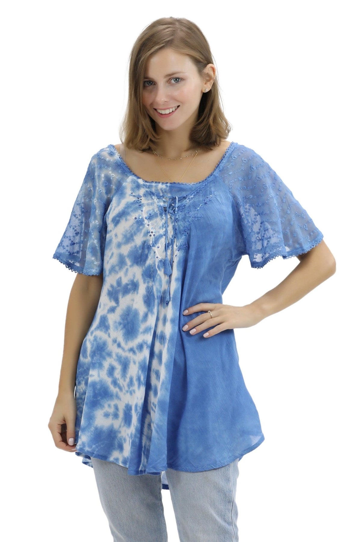 Ocean Tide Tie-Dye Cap Sleeve Blouse 18718 - Advance Apparels Inc