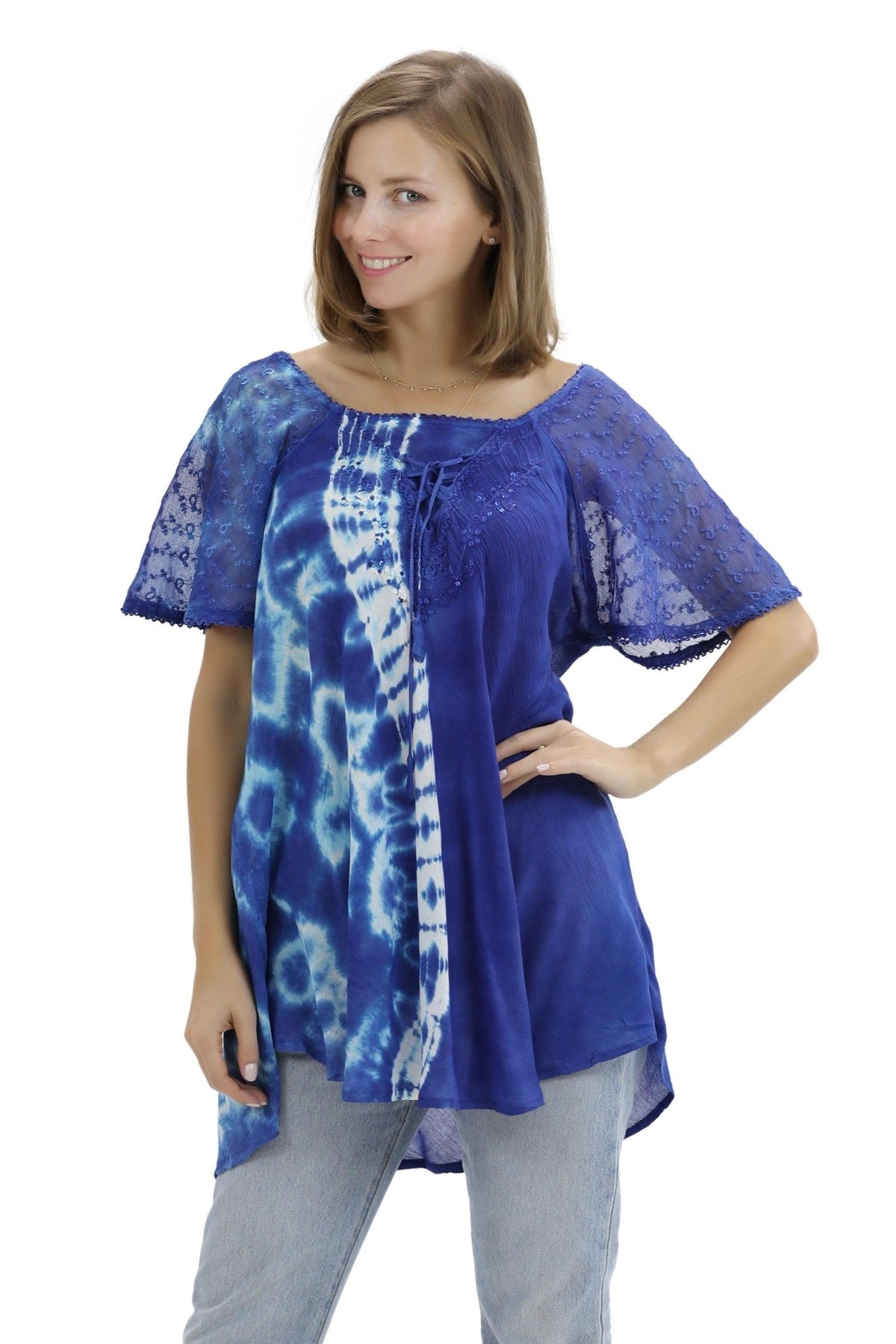 Ocean Tide Tie-Dye Cap Sleeve Blouse 18718 - Advance Apparels Inc