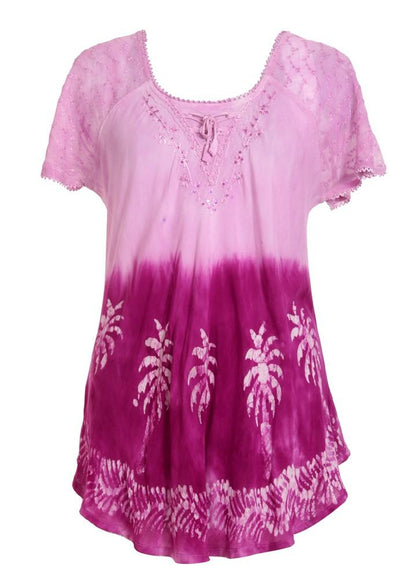 Palm Tree Print Ombre Dye Cap Sleeve Blouse 18713 - Advance Apparels Inc