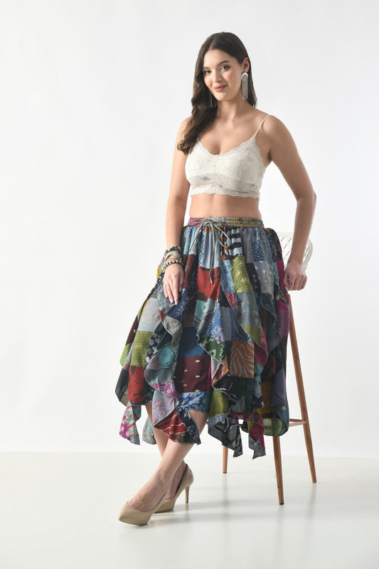 PAT-13237 Boho Patchwork Midi Skirt – Handcrafted Multi-Color Layered Skirt - Advance Apparels Inc