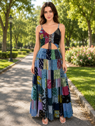 PAT-2912 Women's Boho Patchwork Maxi Dress – 100% Rayon Summer Dress - Advance Apparels Inc