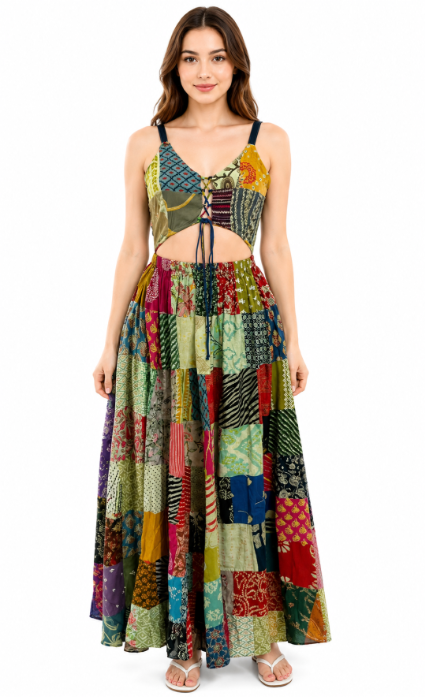 PAT-2912 Women's Boho Patchwork Maxi Dress – 100% Rayon Summer Dress - Advance Apparels Inc