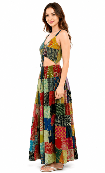PAT-2912 Women's Boho Patchwork Maxi Dress – 100% Rayon Summer Dress - Advance Apparels Inc