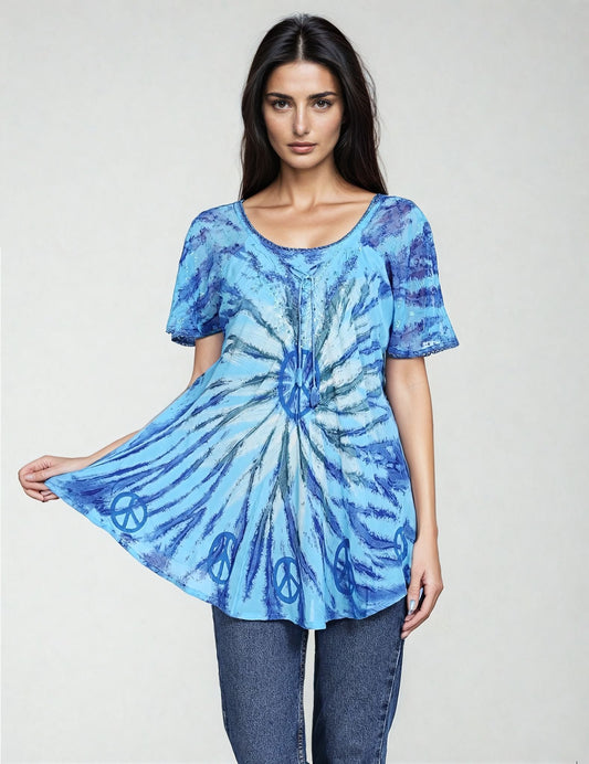 Peace Sign Tie Dye Cap Sleeve Blouse 19216 - Advance Apparels Inc