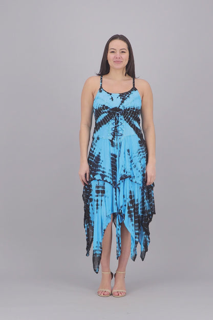 209 Women's Tie-Dye Handkerchief Hem Maxi Dress – Adjustable Strap Summer Dress