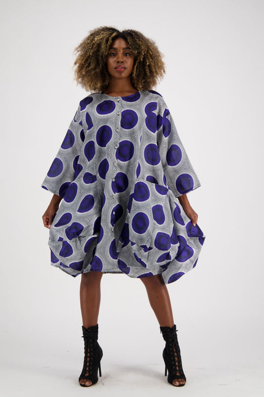 Purple and White African Print Button Dress AD-25014-B0212 - Advance Apparels Inc